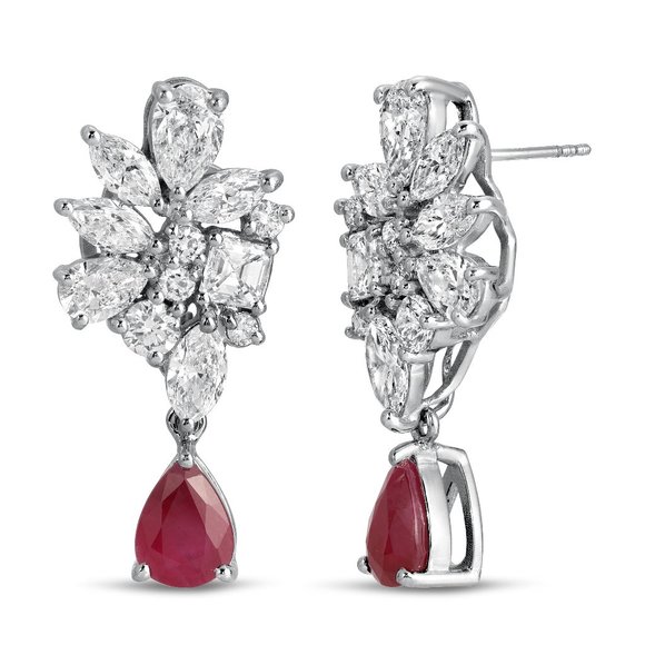 Floral Cluster Diamond 18K White Gold Ruby Drop Earrings - Picture 1 of 5
